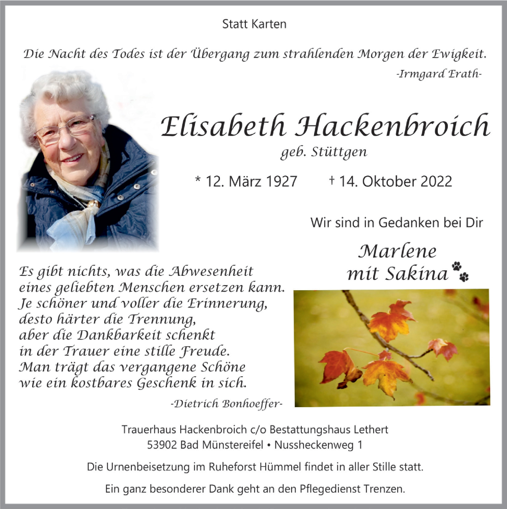  Traueranzeige für Elisabeth Hackenbroich vom 22.10.2022 aus  Blickpunkt Euskirchen 