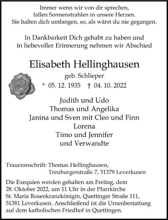 Anzeige von Elisabeth Hellinghausen von  Lokale Informationen 