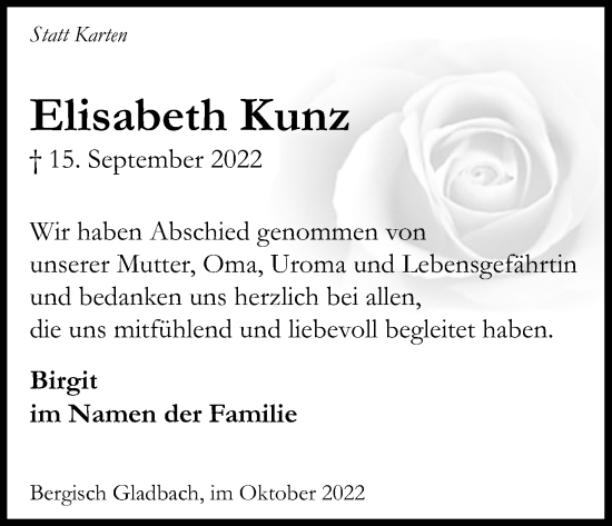 Anzeige von Elisabeth Kunz von Kölner Stadt-Anzeiger / Kölnische Rundschau / Express