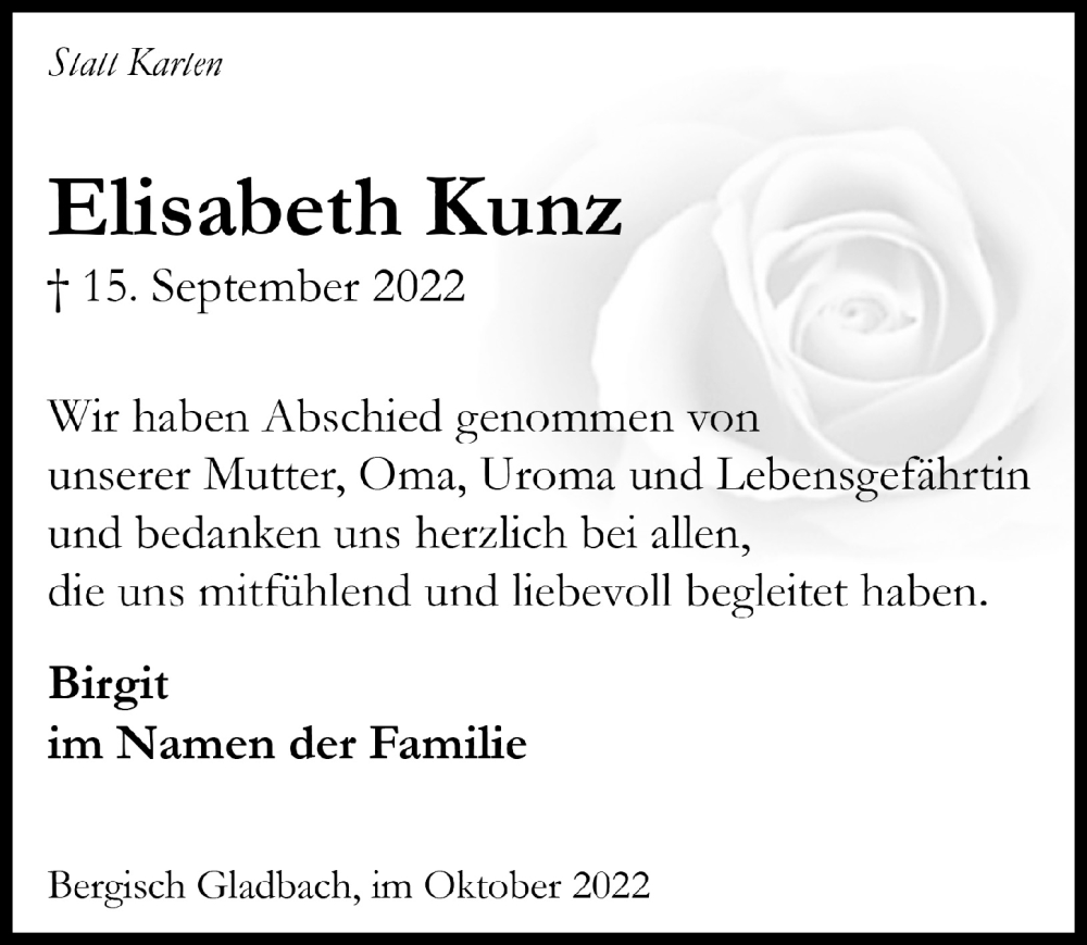  Traueranzeige für Elisabeth Kunz vom 21.10.2022 aus  Bergisches Handelsblatt 