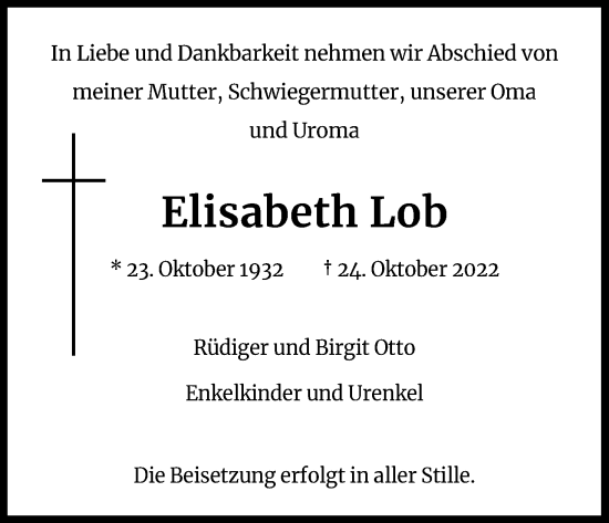 Anzeige von Elisabeth Lob von Kölner Stadt-Anzeiger / Kölnische Rundschau / Express