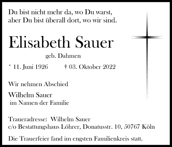 Anzeige von Elisabeth Sauer von Kölner Stadt-Anzeiger / Kölnische Rundschau / Express
