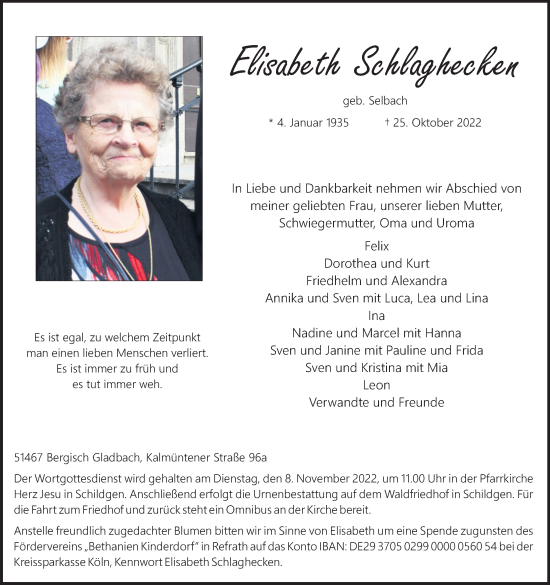 Anzeige von Elisabeth Schlaghecken von Kölner Stadt-Anzeiger / Kölnische Rundschau / Express