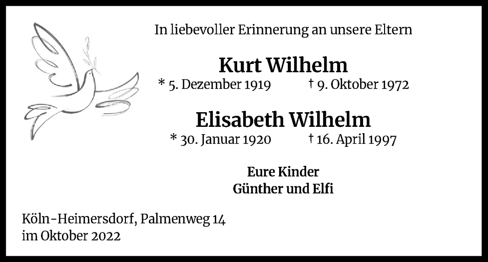  Traueranzeige für Elisabeth Wilhelm vom 08.10.2022 aus Kölner Stadt-Anzeiger / Kölnische Rundschau / Express