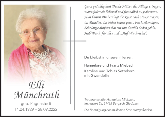Anzeige von Elli Münchrath von Kölner Stadt-Anzeiger / Kölnische Rundschau / Express