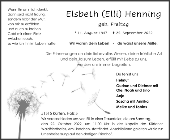 Anzeige von Elsbeth  Henning von  Bergisches Handelsblatt 