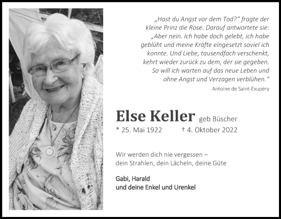 Anzeige von Else Keller von Kölner Stadt-Anzeiger / Kölnische Rundschau / Express