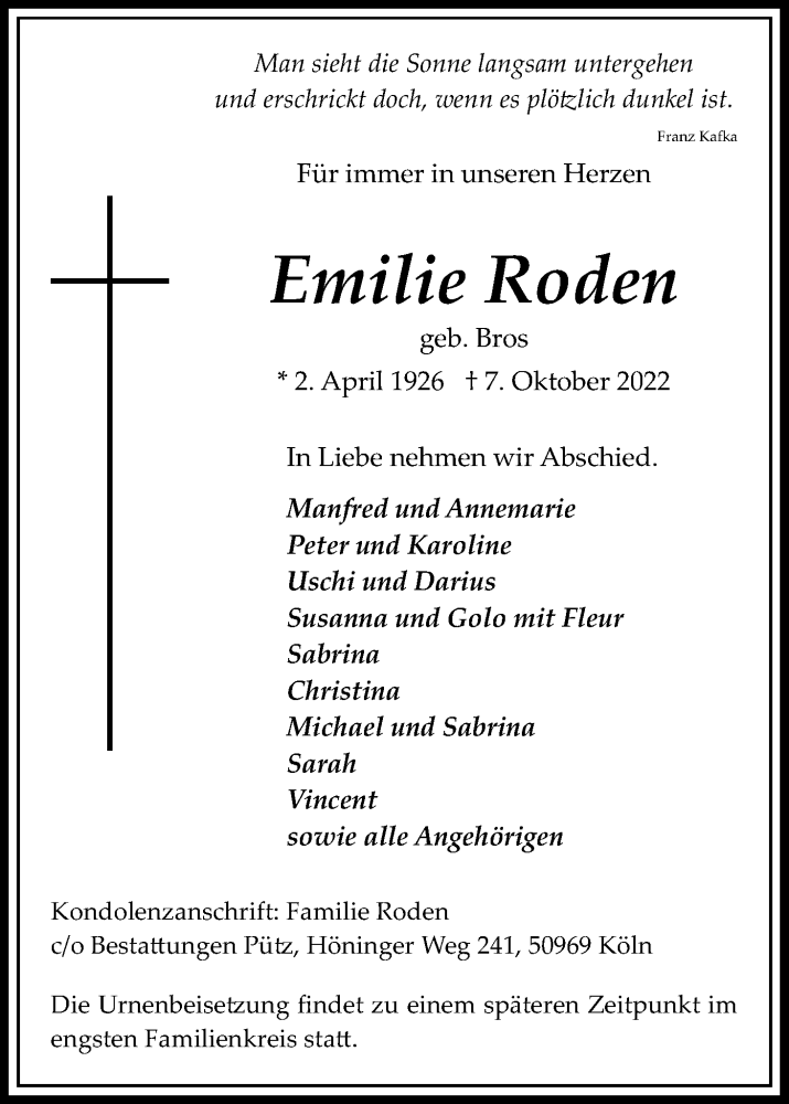  Traueranzeige für Emilie Roden vom 15.10.2022 aus Kölner Stadt-Anzeiger / Kölnische Rundschau / Express