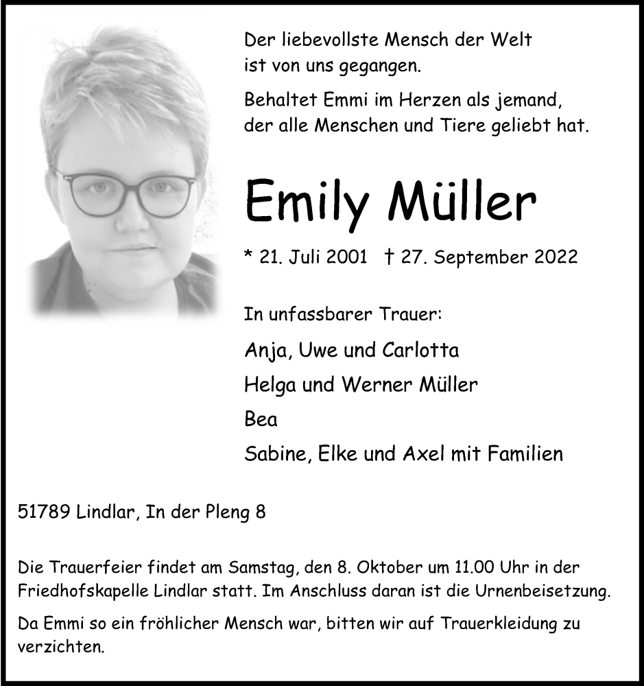  Traueranzeige für Emily Müller vom 05.10.2022 aus Kölner Stadt-Anzeiger / Kölnische Rundschau / Express