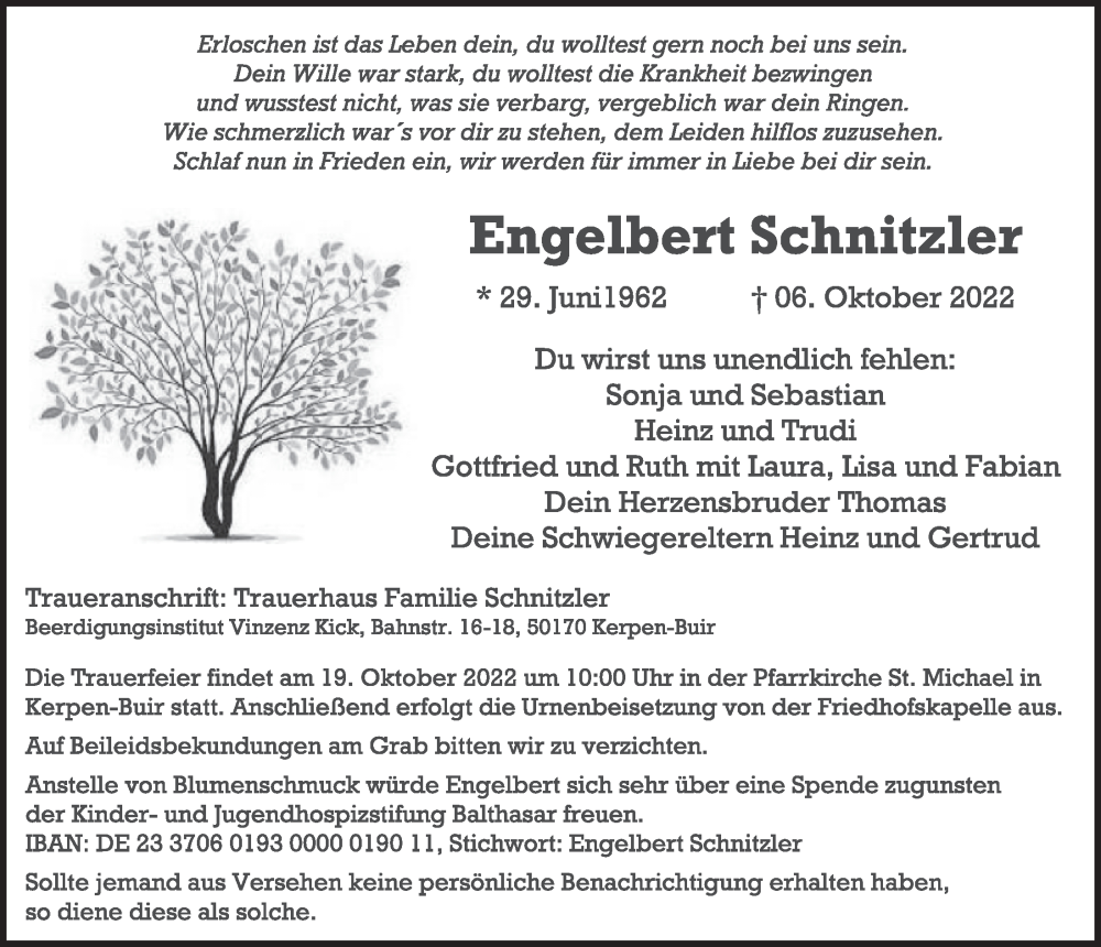  Traueranzeige für Engelbert Schnitzler vom 14.10.2022 aus  Werbepost 