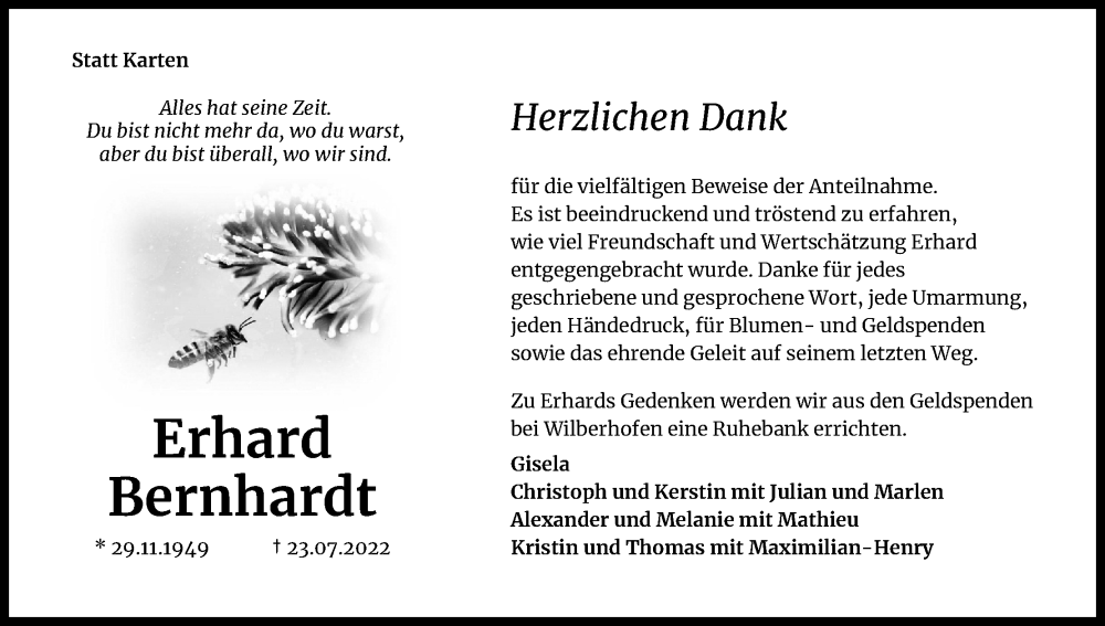  Traueranzeige für Erhard Bernhardt vom 01.10.2022 aus Kölner Stadt-Anzeiger / Kölnische Rundschau / Express