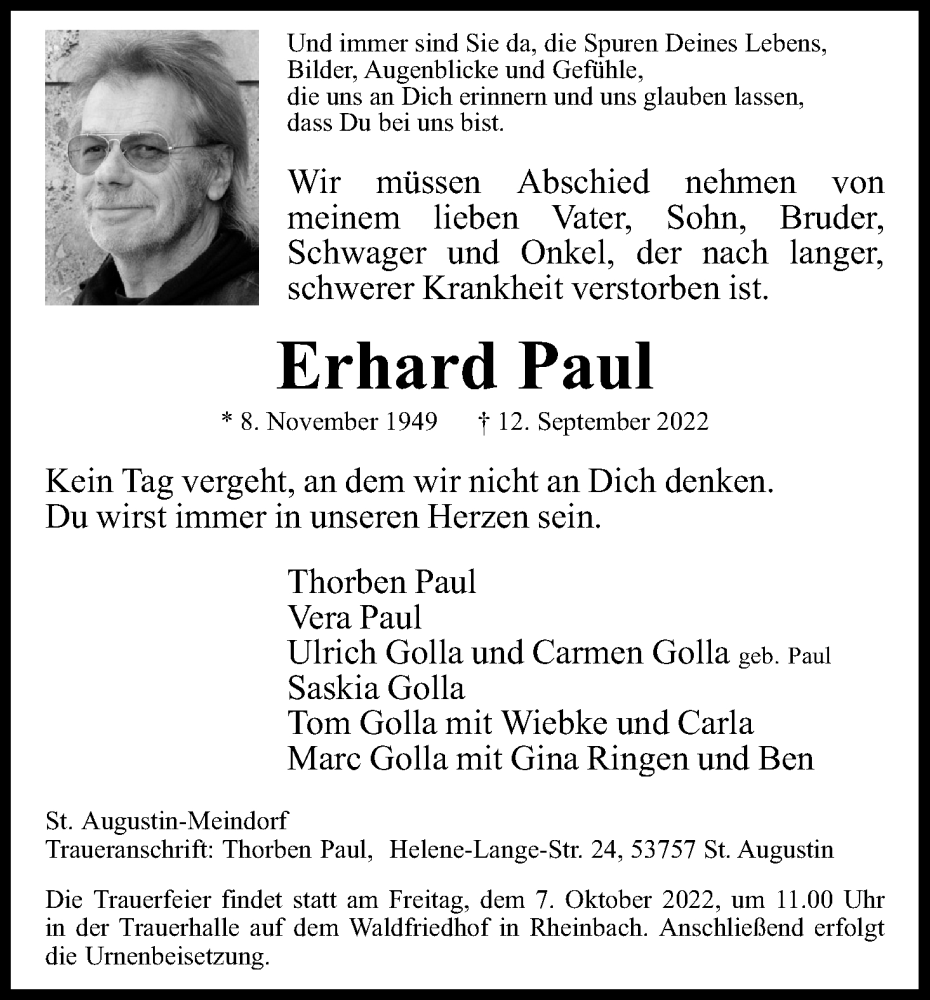  Traueranzeige für Erhard Paul vom 01.10.2022 aus Kölner Stadt-Anzeiger / Kölnische Rundschau / Express