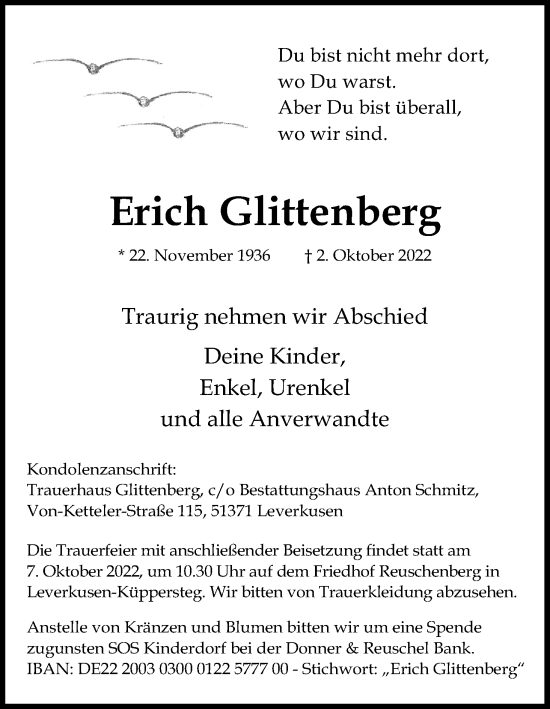 Anzeige von Erich Glittenberg von Kölner Stadt-Anzeiger / Kölnische Rundschau / Express