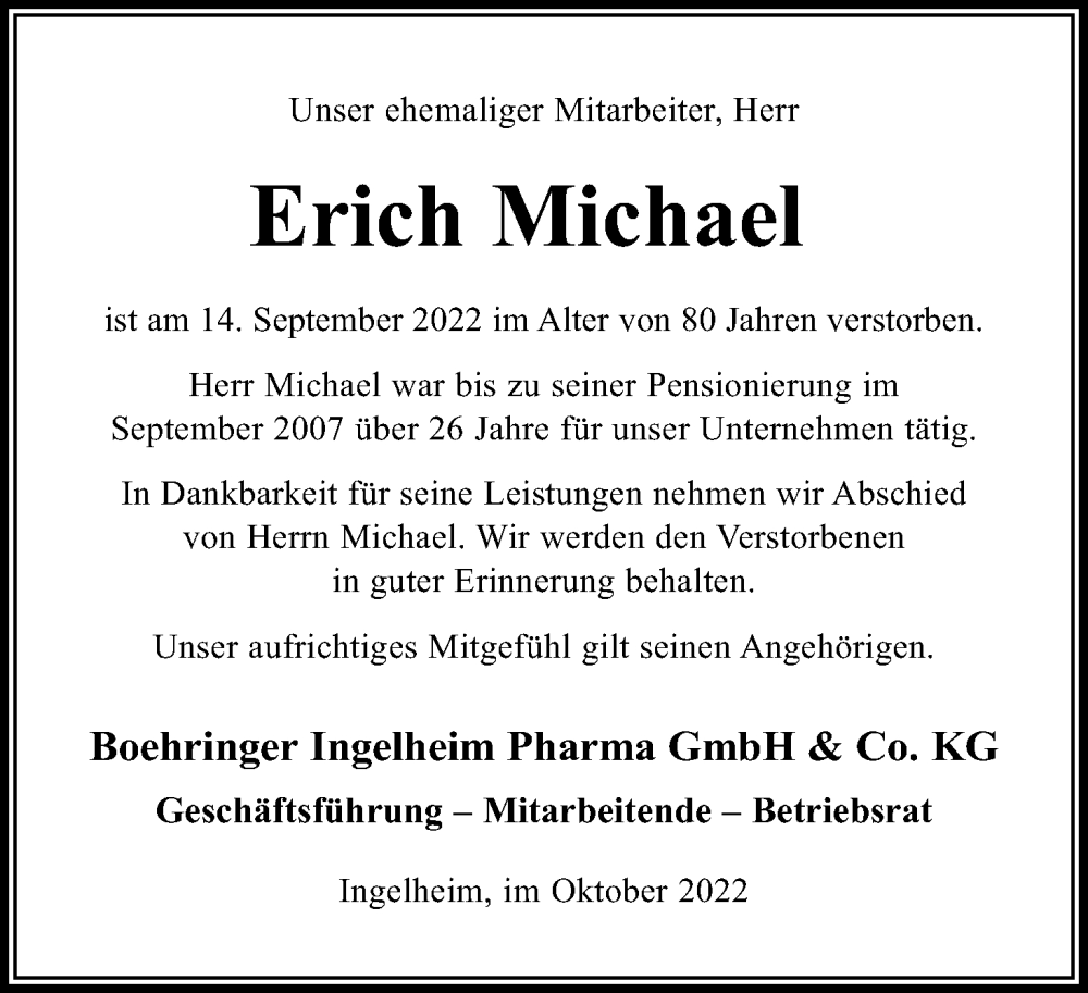 Traueranzeige für Erich Michael vom 21.10.2022 aus Kölner Stadt-Anzeiger / Kölnische Rundschau / Express