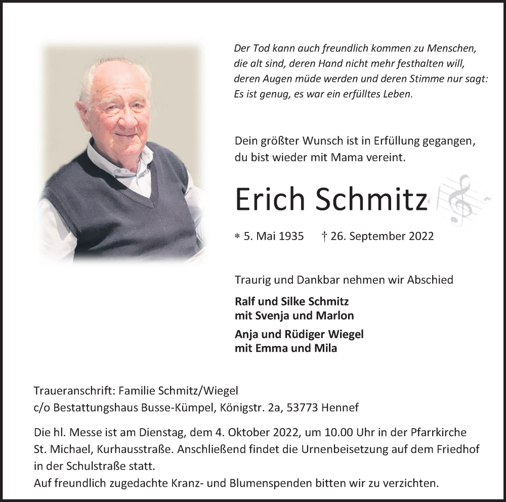  Traueranzeige für Erich Schmitz vom 01.10.2022 aus Kölner Stadt-Anzeiger / Kölnische Rundschau / Express