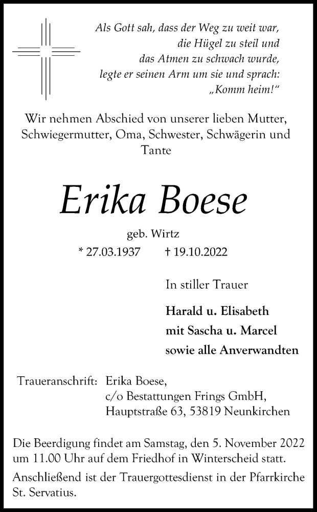  Traueranzeige für Erika Boese vom 29.10.2022 aus Kölner Stadt-Anzeiger / Kölnische Rundschau / Express