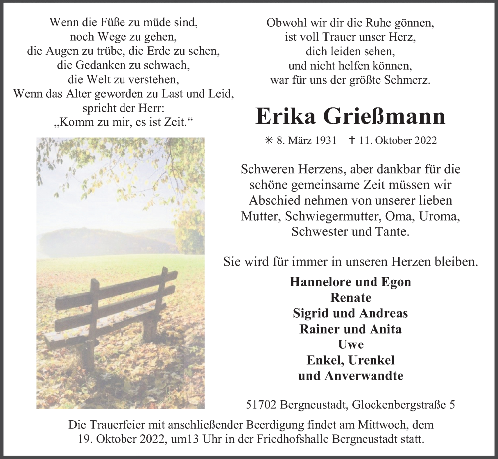  Traueranzeige für Erika Grießmann vom 15.10.2022 aus Kölner Stadt-Anzeiger / Kölnische Rundschau / Express