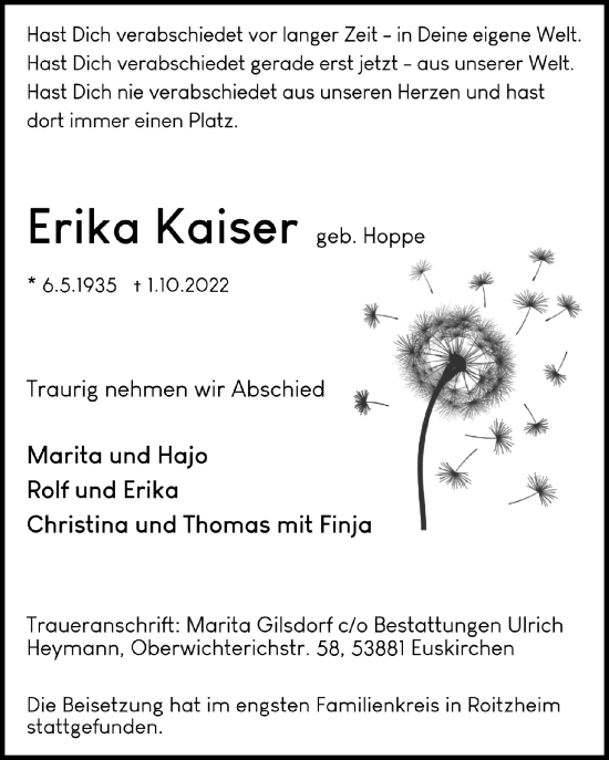 Anzeige von Erika Kaiser von  Blickpunkt Euskirchen 