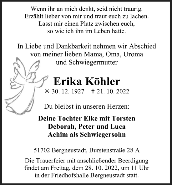 Anzeige von Erika Köhler von Kölner Stadt-Anzeiger / Kölnische Rundschau / Express