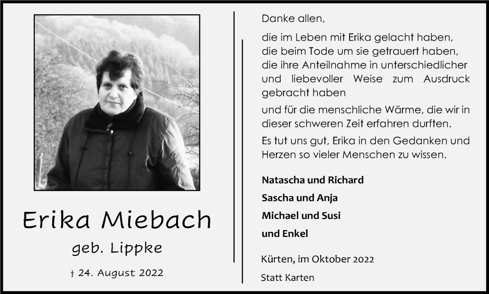  Traueranzeige für Erika Miebach vom 08.10.2022 aus Kölner Stadt-Anzeiger / Kölnische Rundschau / Express