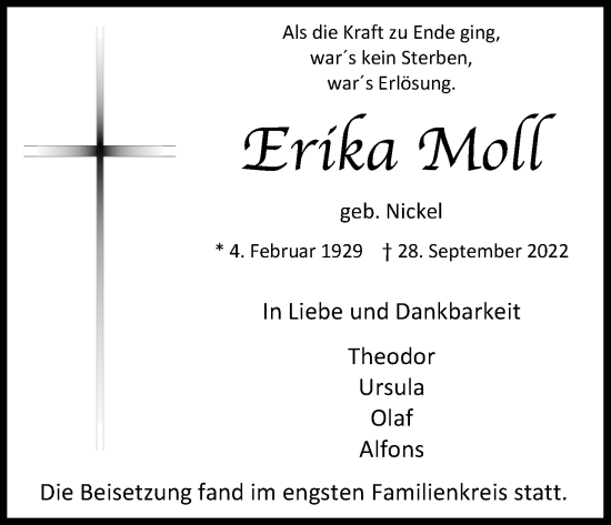 Anzeige von Erika Moll von Kölner Stadt-Anzeiger / Kölnische Rundschau / Express