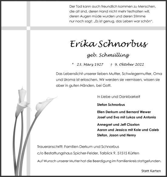 Anzeige von Erika Schnorbus von Kölner Stadt-Anzeiger / Kölnische Rundschau / Express