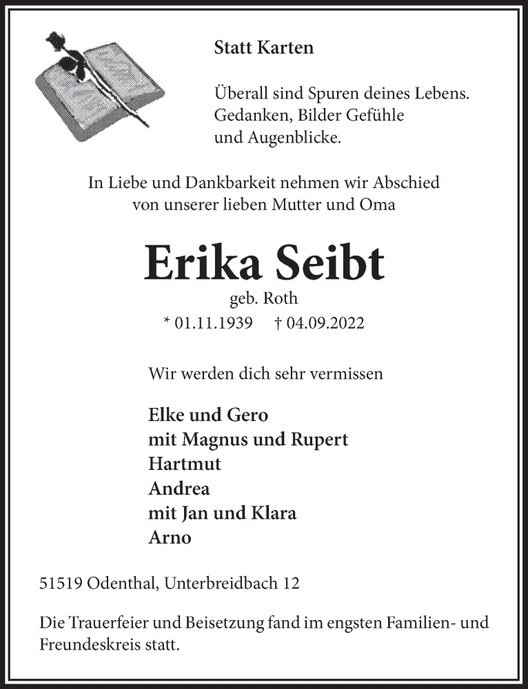  Traueranzeige für Erika Seibt vom 07.10.2022 aus  Bergisches Handelsblatt 