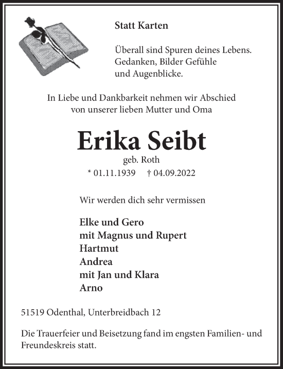 Anzeige von Erika Seibt von  Bergisches Handelsblatt 
