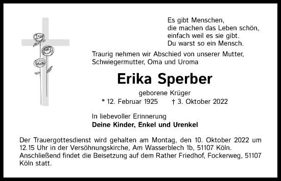 Anzeige von Erika Sperber von Kölner Stadt-Anzeiger / Kölnische Rundschau / Express