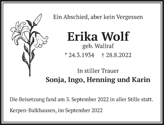 Anzeige von Erika Wolf von  Werbepost 