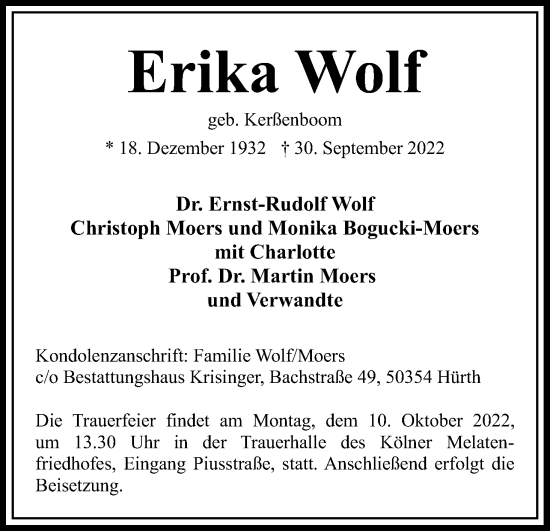 Anzeige von Erika Wolf von Kölner Stadt-Anzeiger / Kölnische Rundschau / Express