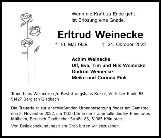 Anzeige von Erltrud Weinecke von Kölner Stadt-Anzeiger / Kölnische Rundschau / Express