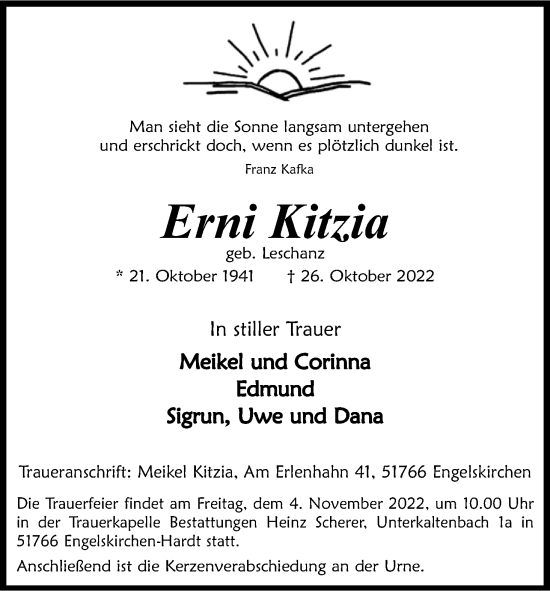 Anzeige von Erni Kitzia von Kölner Stadt-Anzeiger / Kölnische Rundschau / Express