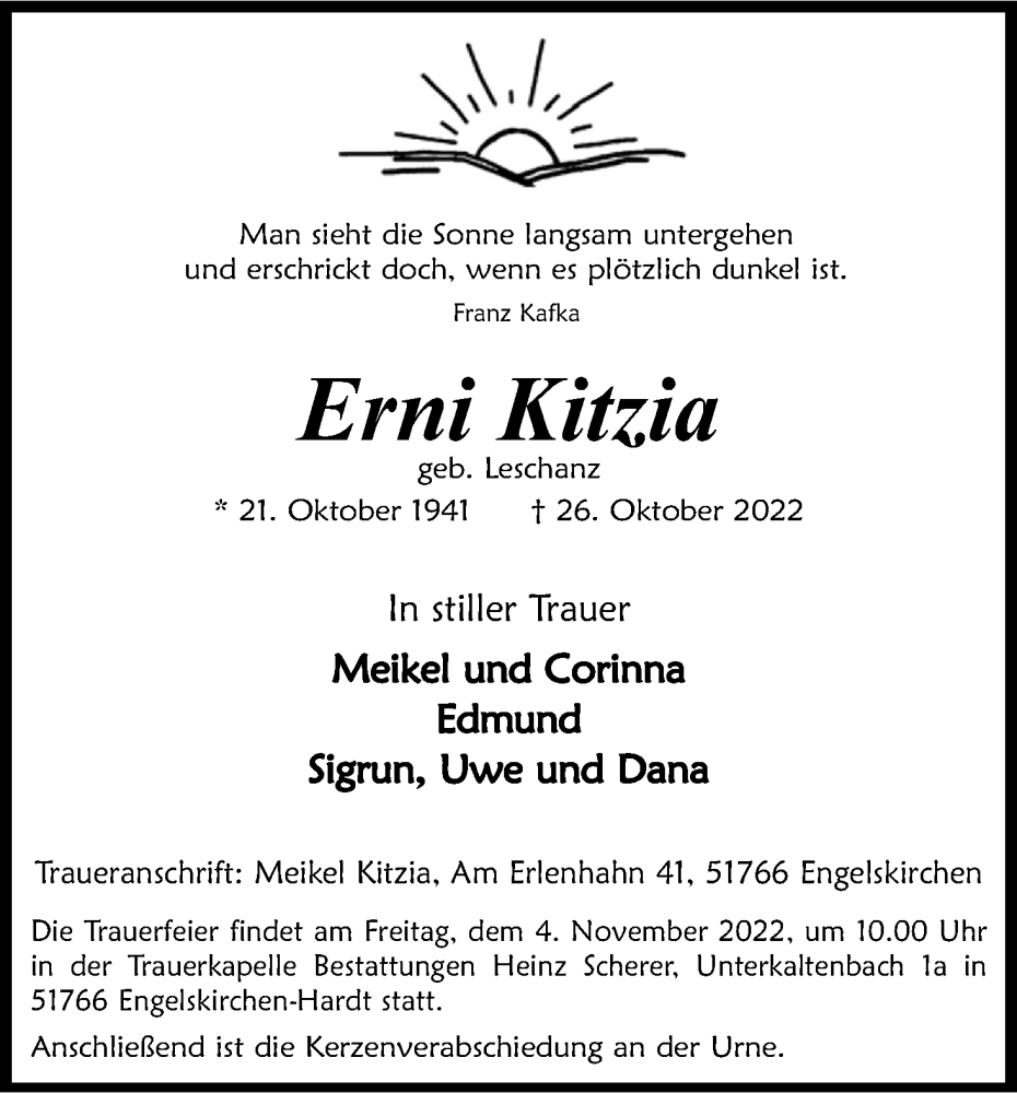  Traueranzeige für Erni Kitzia vom 29.10.2022 aus Kölner Stadt-Anzeiger / Kölnische Rundschau / Express