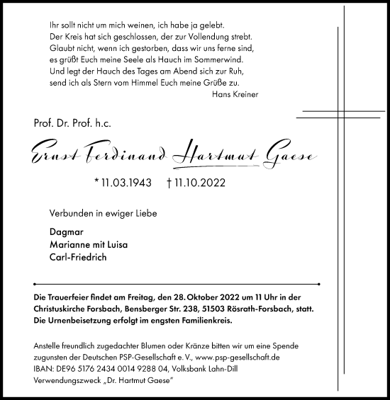 Anzeige von Ernst Ferdinand Hartmut Gaese von Kölner Stadt-Anzeiger / Kölnische Rundschau / Express