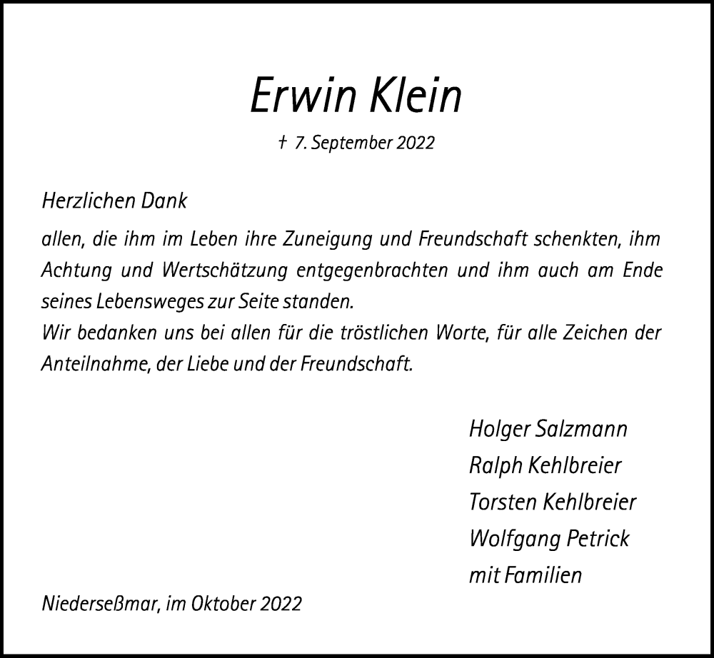  Traueranzeige für Erwin Klein vom 29.10.2022 aus Kölner Stadt-Anzeiger / Kölnische Rundschau / Express