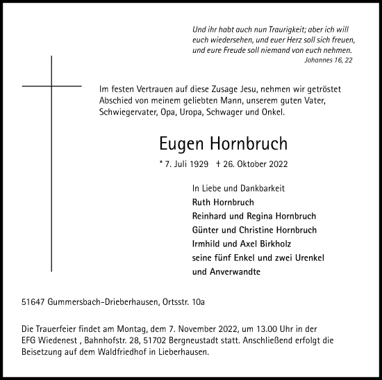Anzeige von Eugen Hornbruch von Kölner Stadt-Anzeiger / Kölnische Rundschau / Express
