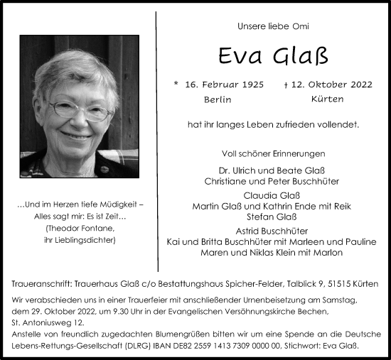 Anzeige von Eva Glaß von Kölner Stadt-Anzeiger / Kölnische Rundschau / Express