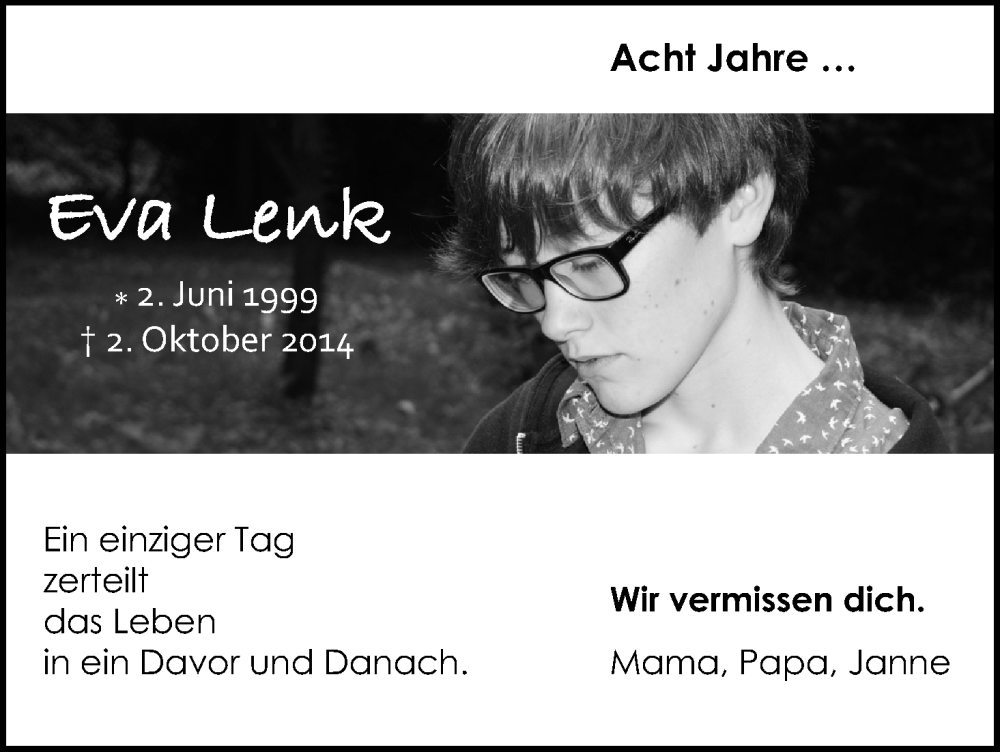  Traueranzeige für Eva Lenk vom 01.10.2022 aus Kölner Stadt-Anzeiger / Kölnische Rundschau / Express