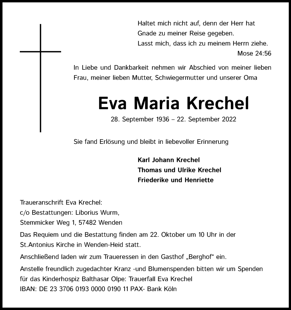  Traueranzeige für Eva Maria Krechel vom 15.10.2022 aus Kölner Stadt-Anzeiger / Kölnische Rundschau / Express