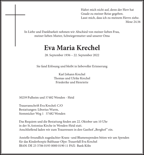 Anzeige von Eva Maria Krechel von  Wochenende 