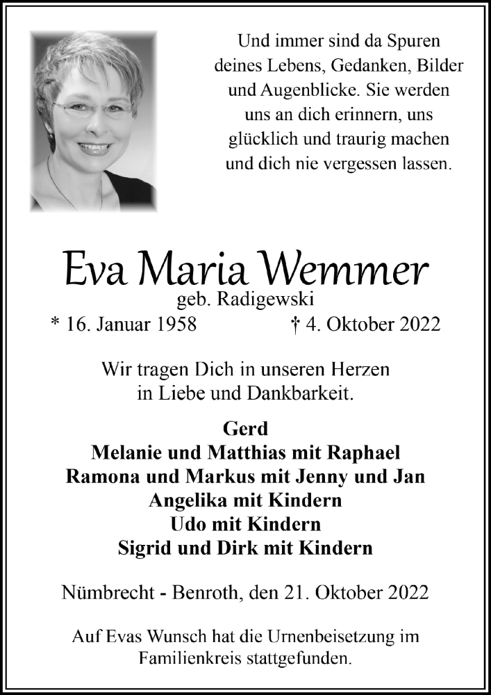  Traueranzeige für Eva Maria Wemmer vom 28.10.2022 aus  Lokalanzeiger 