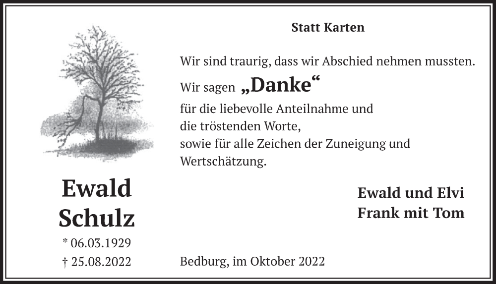  Traueranzeige für Ewald Schulz vom 14.10.2022 aus  Werbepost 