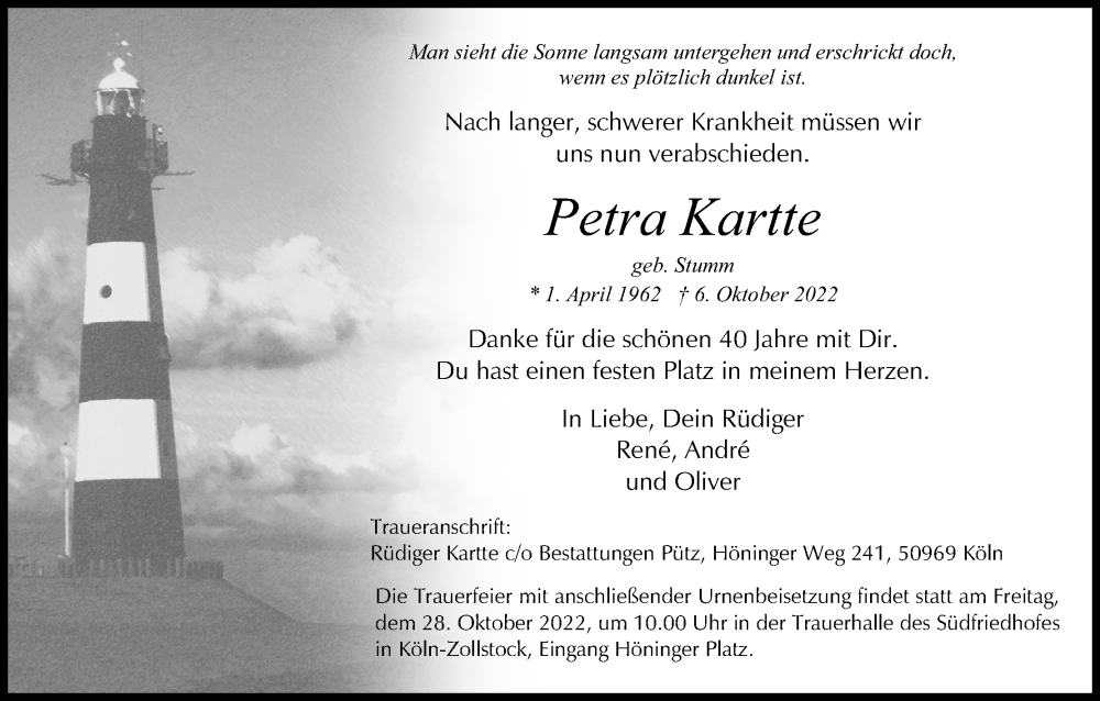  Traueranzeige für Petra Kartte vom 15.10.2022 aus Kölner Stadt-Anzeiger / Kölnische Rundschau / Express