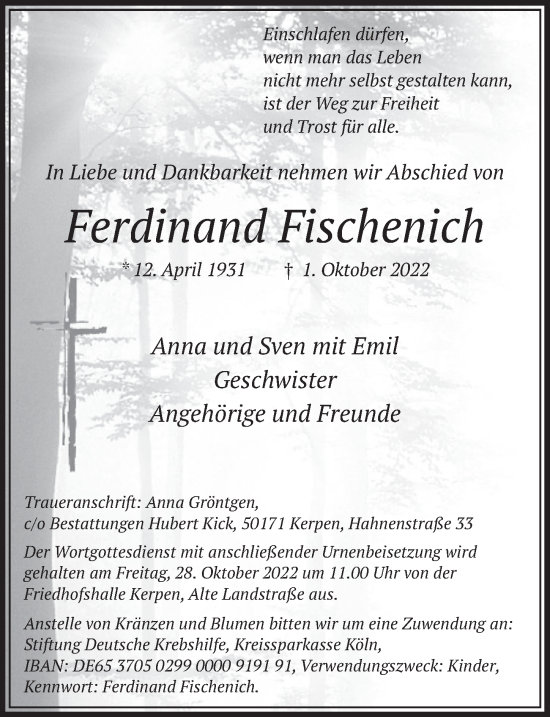 Anzeige von Ferdinand Fischenich von  Werbepost 