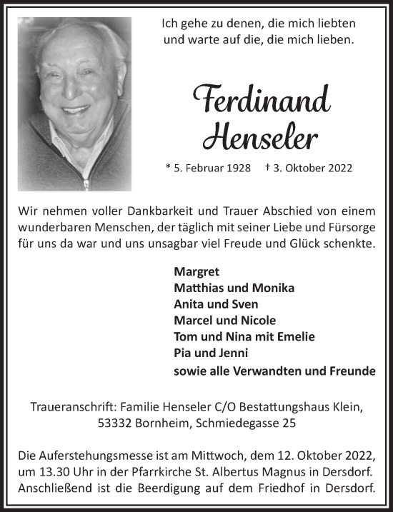 Anzeige von Ferdinand Henseler von  Schaufenster/Blickpunkt 
