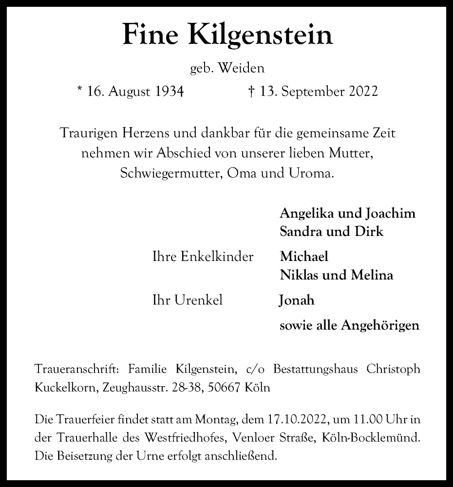  Traueranzeige für Fine Kilgenstein vom 01.10.2022 aus Kölner Stadt-Anzeiger / Kölnische Rundschau / Express