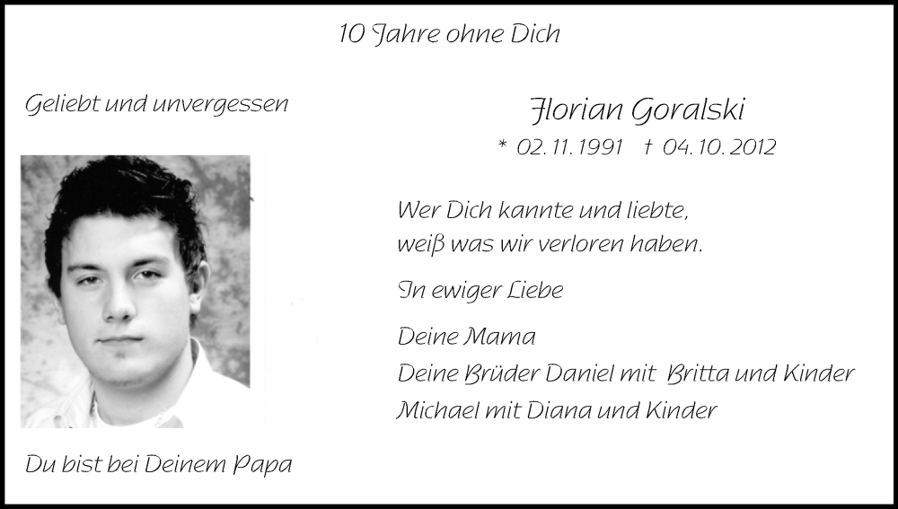  Traueranzeige für Florian Goralski vom 05.10.2022 aus Kölner Stadt-Anzeiger / Kölnische Rundschau / Express
