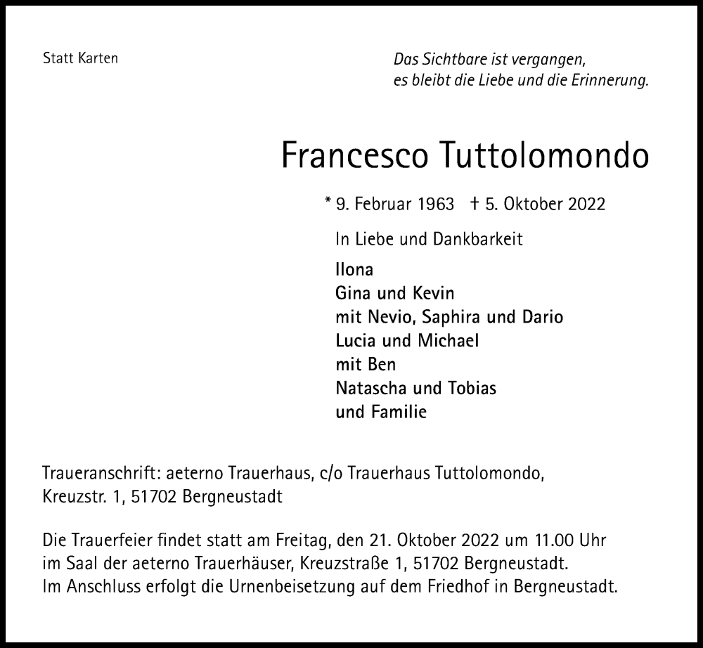  Traueranzeige für Francesco Tuttolomondo vom 15.10.2022 aus Kölner Stadt-Anzeiger / Kölnische Rundschau / Express