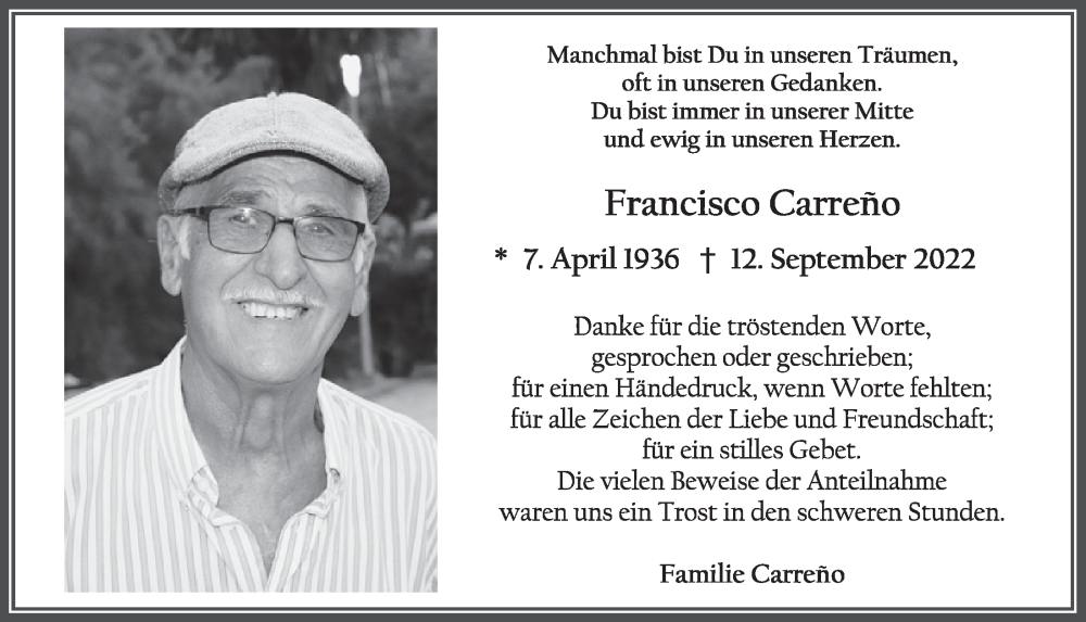  Traueranzeige für Francisco Carreno vom 28.10.2022 aus  Werbepost 
